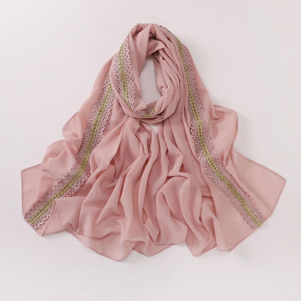 Colored Lace Pearl Bubble Chiffon Hijabs For Women Shawl Scarf High Quality Beads Headband Wrap Foulard Muslim Hijab Turban