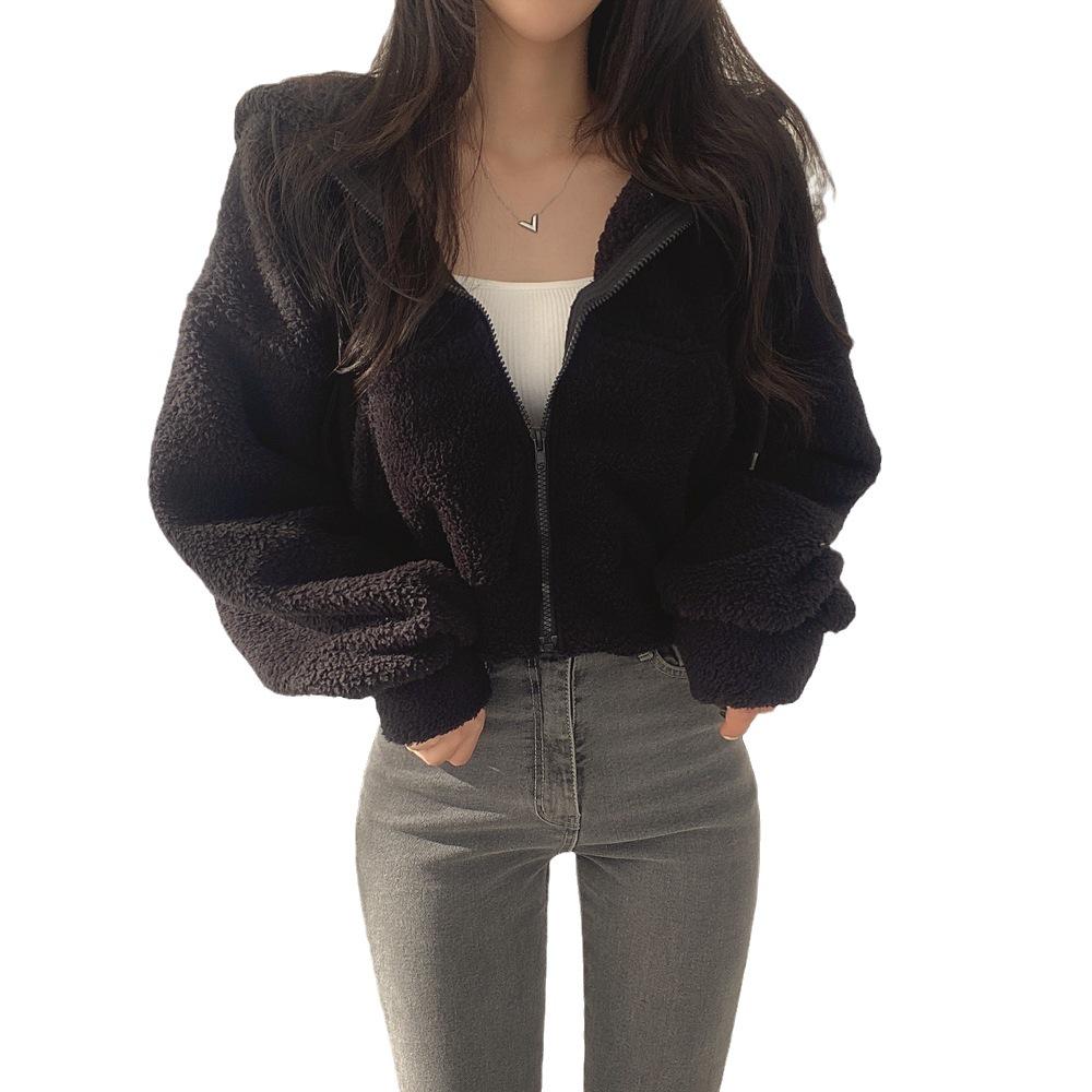 Damen Lammwolle Flauschiges Kapuzensweatshirt - Verdickter Warmer Kurzer Reißverschluss Mantel, Trendig Herbst/Winter 2025.