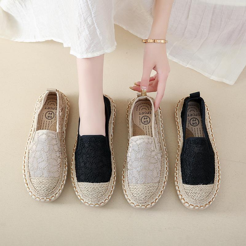 Lace breathable fisherman shoes women's 2025 summer new linen woven hollow loafers casual flat shoes