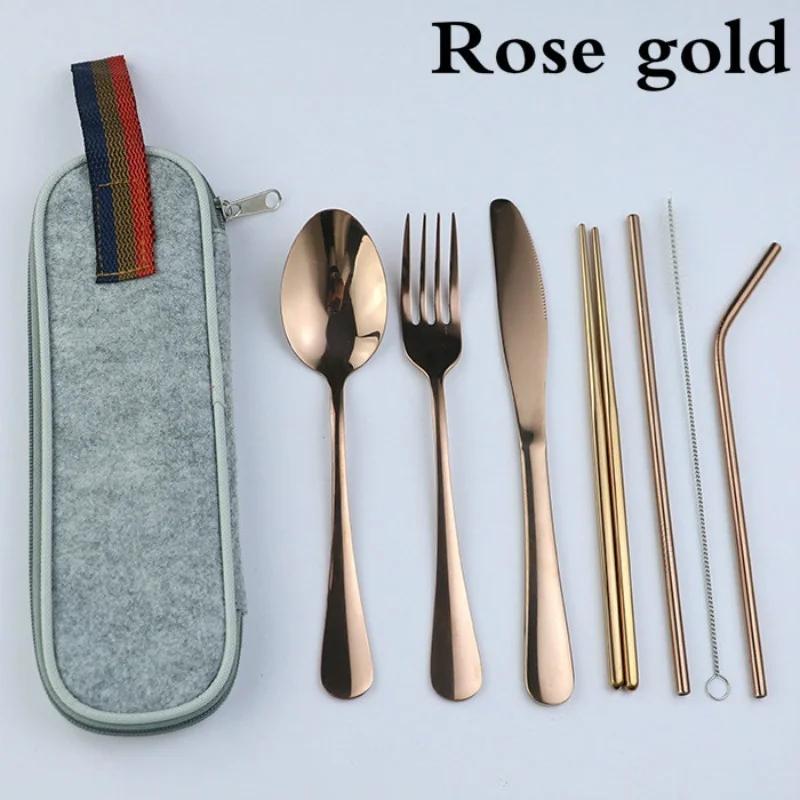 Dinnerware Travel Camping Cutlery Set Reusable Straw Spoon Fork Chopsticks Portable Case Multicolor Kitchen Tableware Tools