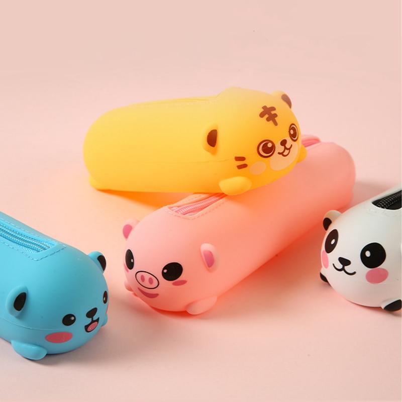 1pc Silicone Pencil Case Cute Piggy Panda Tiger Soft Pen Container Creative Ruler Holder Stationery Box Children Gifts Pouch Bag