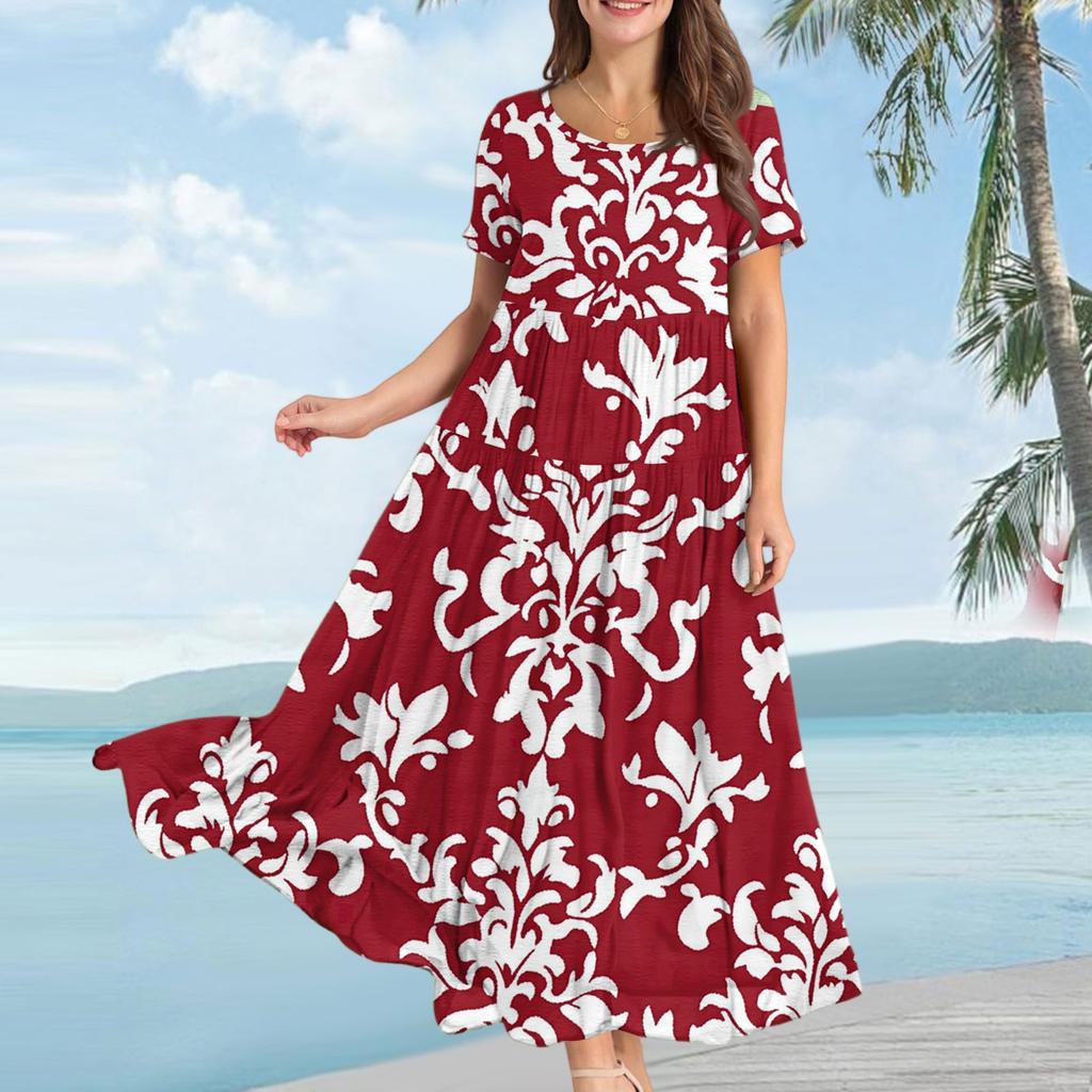 Dam Casual Lös Bohemisk Blommig Kortärmad Klänning