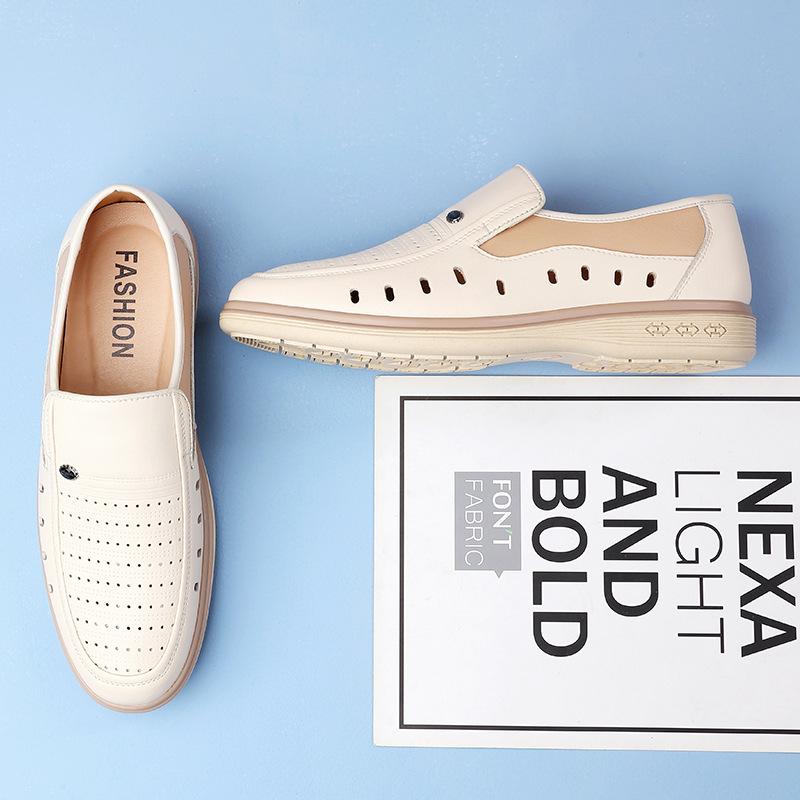 Fashion Business Beige White Men's Shoes Fashion Leather Casual Light Middle-aged Shoes for Men Newdesigner Spring Autumn Hollow Sandals