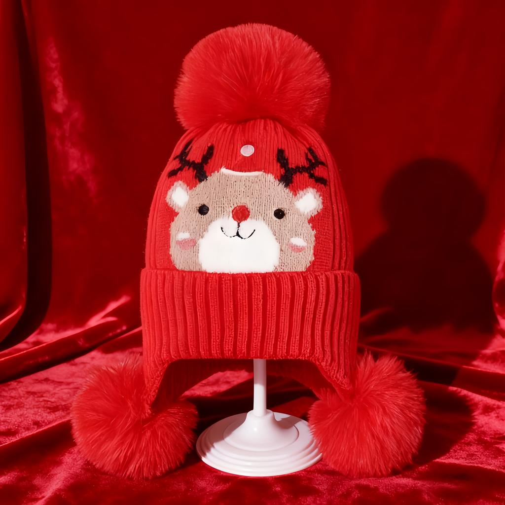 Weihnachtselch-Mütze für Kinder - Weiche, dehnbare, warme Wintermütze für Jungen und Mädchen mit abnehmbaren Ohrenklappen und Bommel