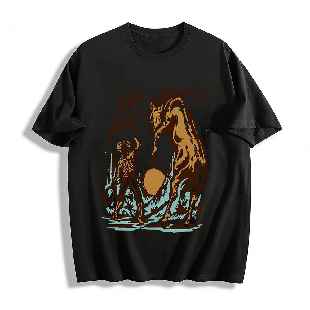 

Wild West Cowboy Horse Taming Print Retro Casual Short Sleeve T-Shirt Pure cotton T-shirt XXS