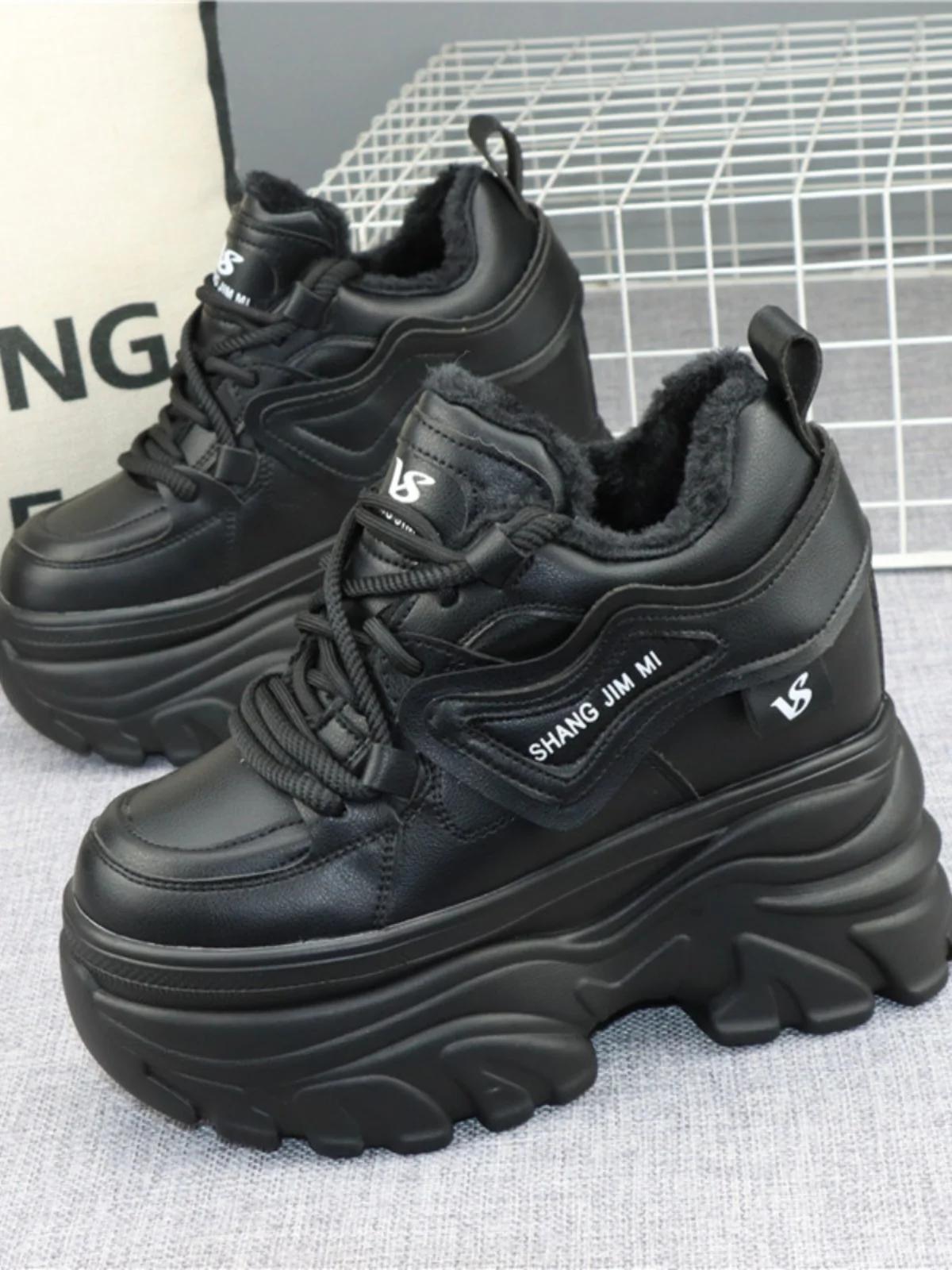 

Мода Ретро Натуральная Кожа Женские Дизайнерские Кроссовки Уличные Повседневные Толстая Подошва Женские Вулканизированные Туфли 12 СМ Зима Популярные 34 чёрный