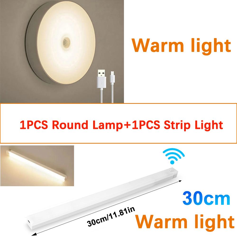 

Round Chargeable Lamp And Rectangular Light USB Rechargeable Motion Sensor LED Cabinet Light For Home Corridor Stairs Kitchen Bedroom Detector Light 30cm Warm+Warm light