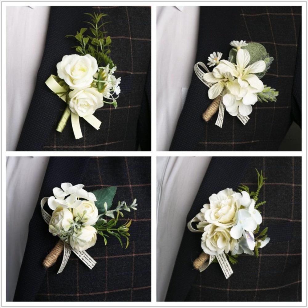 Elegant Artificial Boutonnieres Ivory Color Simulation Silk Rose Flowers  Wedding Accessories
