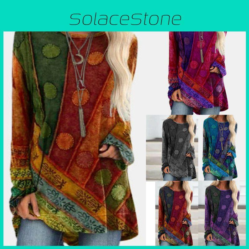 Plus Size Womens Hippie Boho Long Sleeve Tops With Soft Material And Floral Pattern