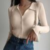 Women Lapel Slim Thin Jacket Buckle Sexy V-neck Long-sleeved POLO Collar Knitted Cardigan Sweater