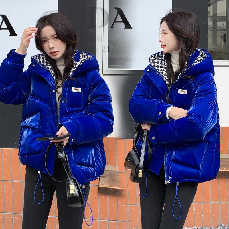 

Блестящая короткая пуховая куртка с капюшоном женская зимняя стеганая куртка M синий