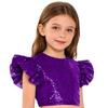 Dívčí párty halenka top třpytivý flitrovaný crop top kulatý výstřih volánkové design s muchlákovými rukávy podšitý narozeninový top