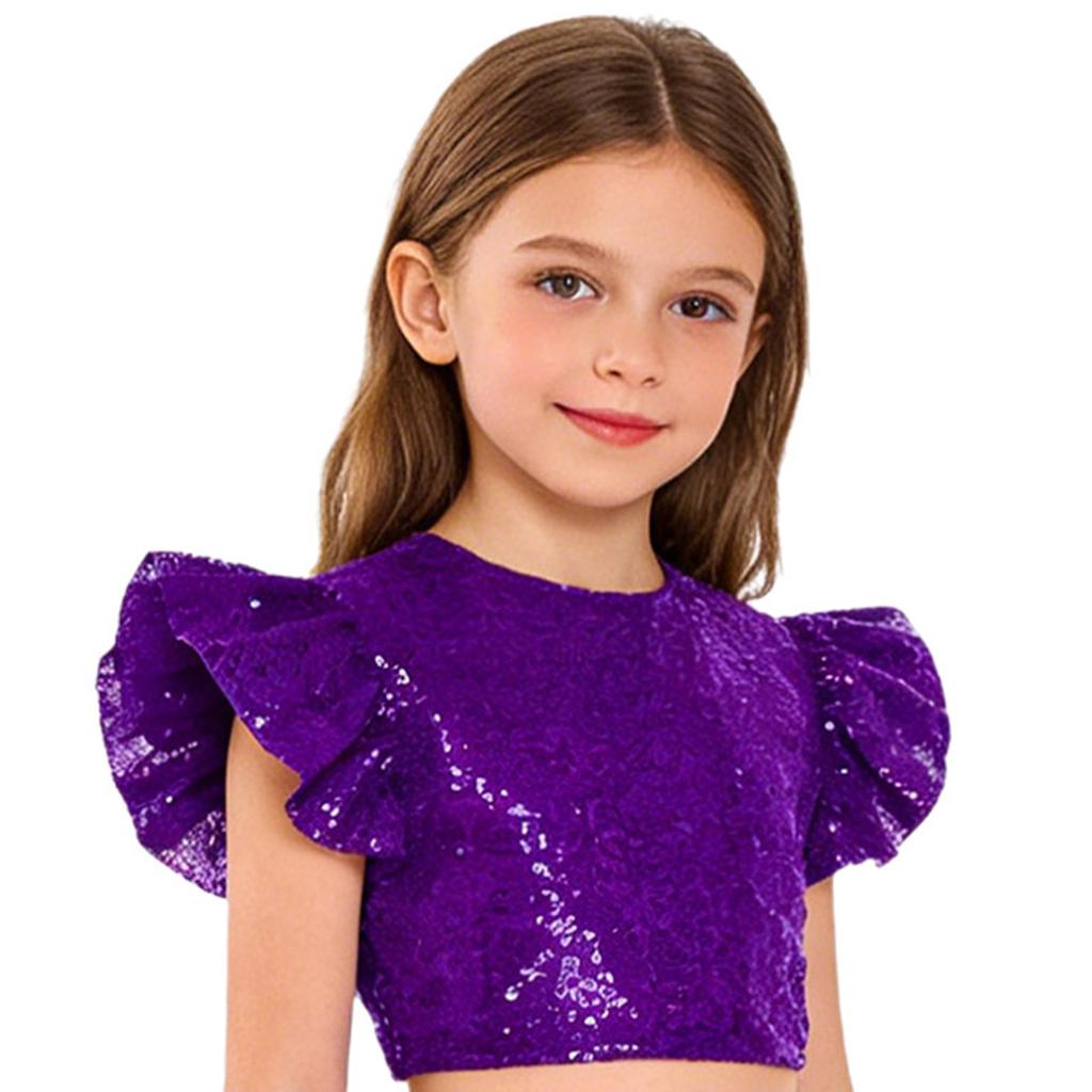 Dívčí párty halenka top třpytivý flitrovaný crop top kulatý výstřih volánkové design s muchlákovými rukávy podšitý narozeninový top