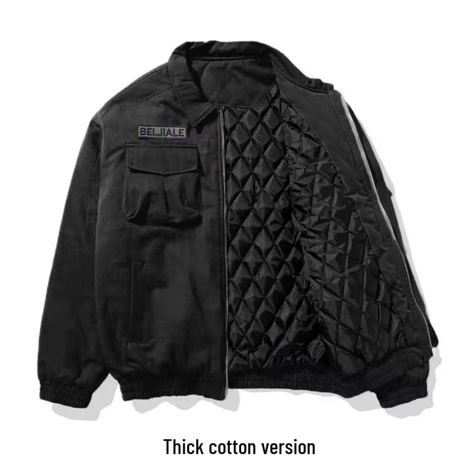 Мужская ретро-летная куртка-бомбер – Модная верхняя одежда с лацканами и нашивками для весны и осени. M чёрный