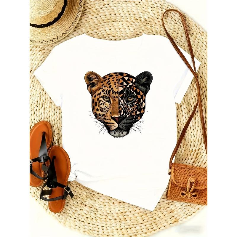 

Европейские размеры Винтажная женская футболка с коротким рукавом и круглым вырезом с леопардовым принтом - Эластичная дышащая ткань, Повседневный топ для весны/лета, Можно стирать в машине S белый