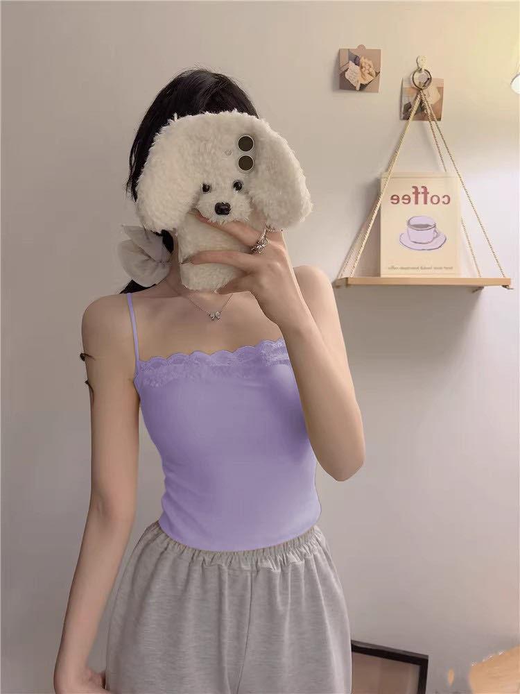#Spring new models, short lace lace sweet girl style suspender tube top versatile solid color small suspender