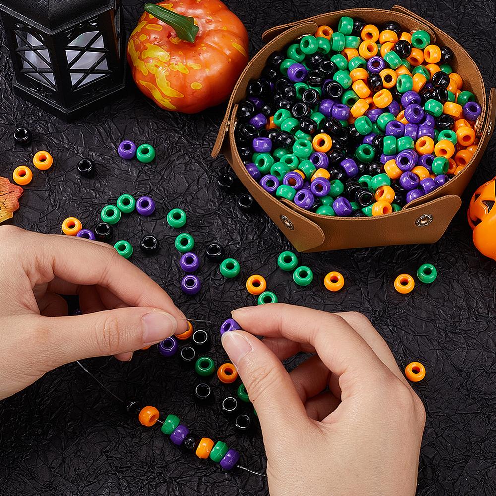 800Pcs 4 Colors Halloween Opaque Plastic Beads Barrel Mixed Color 9x6mm Hole: 3.8mm