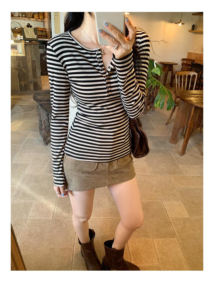 Women's High-End Lyocell Tencel Stripe Henley Neck Slim Fit Long Sleeve Top for Autumn/Winter