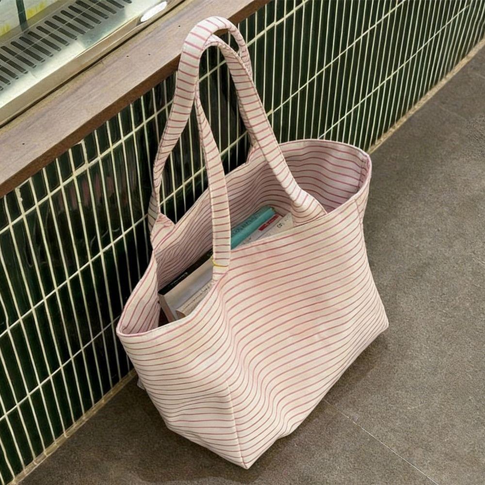 1Pcs Durable Large Capacity Canvas Shoulder Bag Striped Simple Top-Handle Handbag Travel Casual Striped Tote Bag