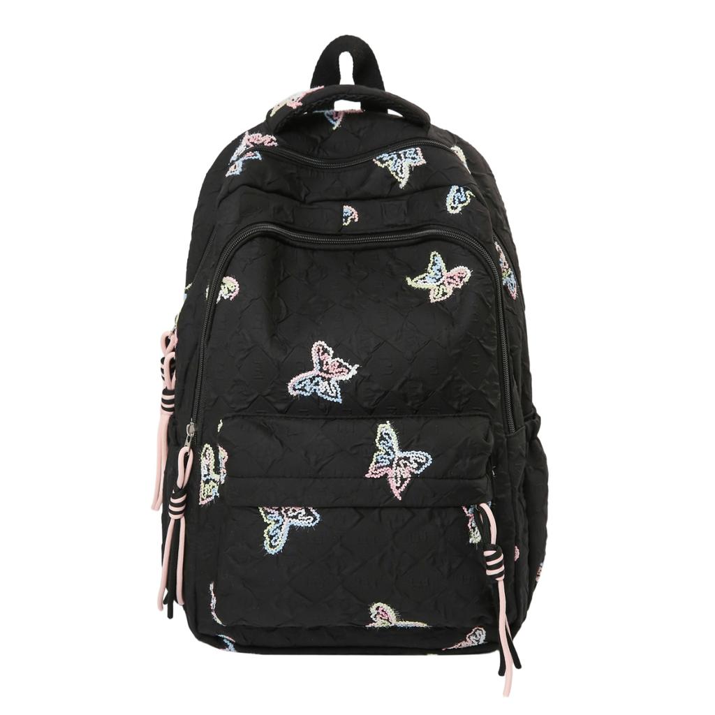 Butterfly Embroidery Backpack Casual Daily Bag Large Capacity School Bag for Students Commuters Minimalist Fashion Design with Tassel Details
