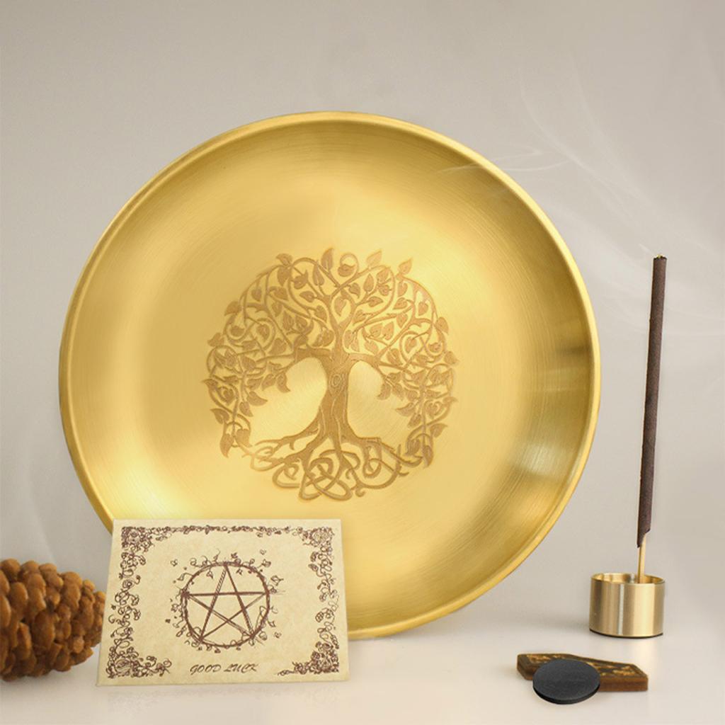 Stainless Steel Pagans Ritual Tray Altar Tree Pattern Plate Crystal Stone Shelves Candle Holder Incenses Burners