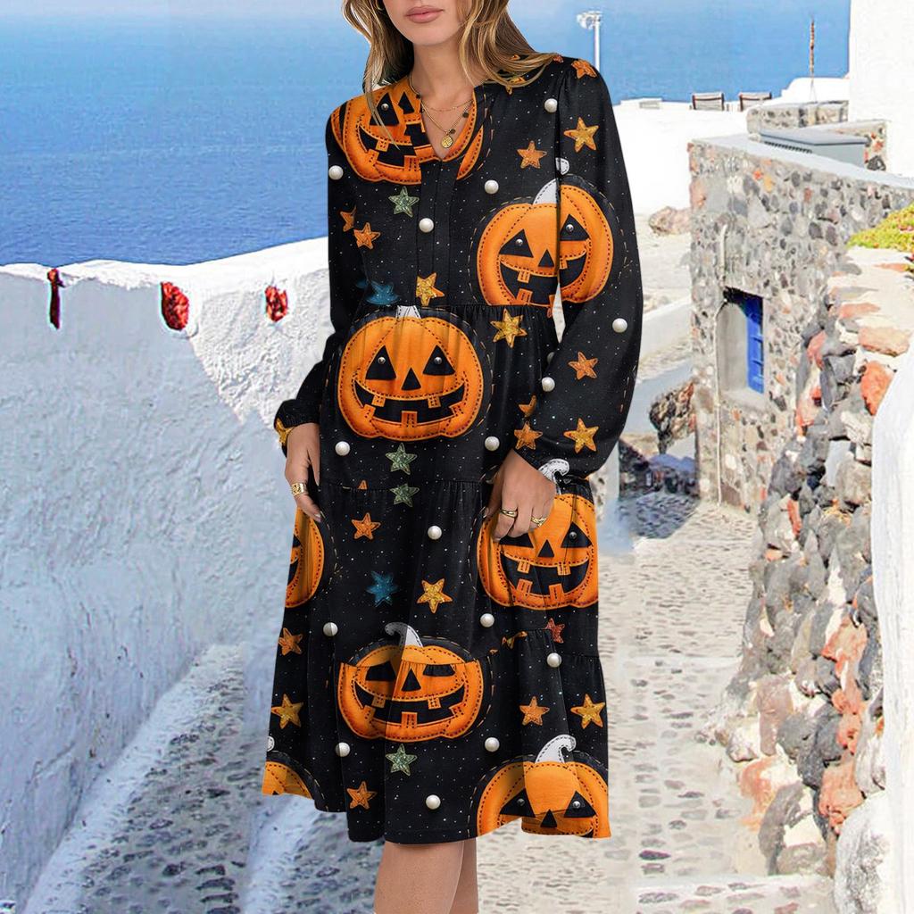 Women's V-Neck Flowing Layered Bohemian Long Sleeve Halloween Print Dress
