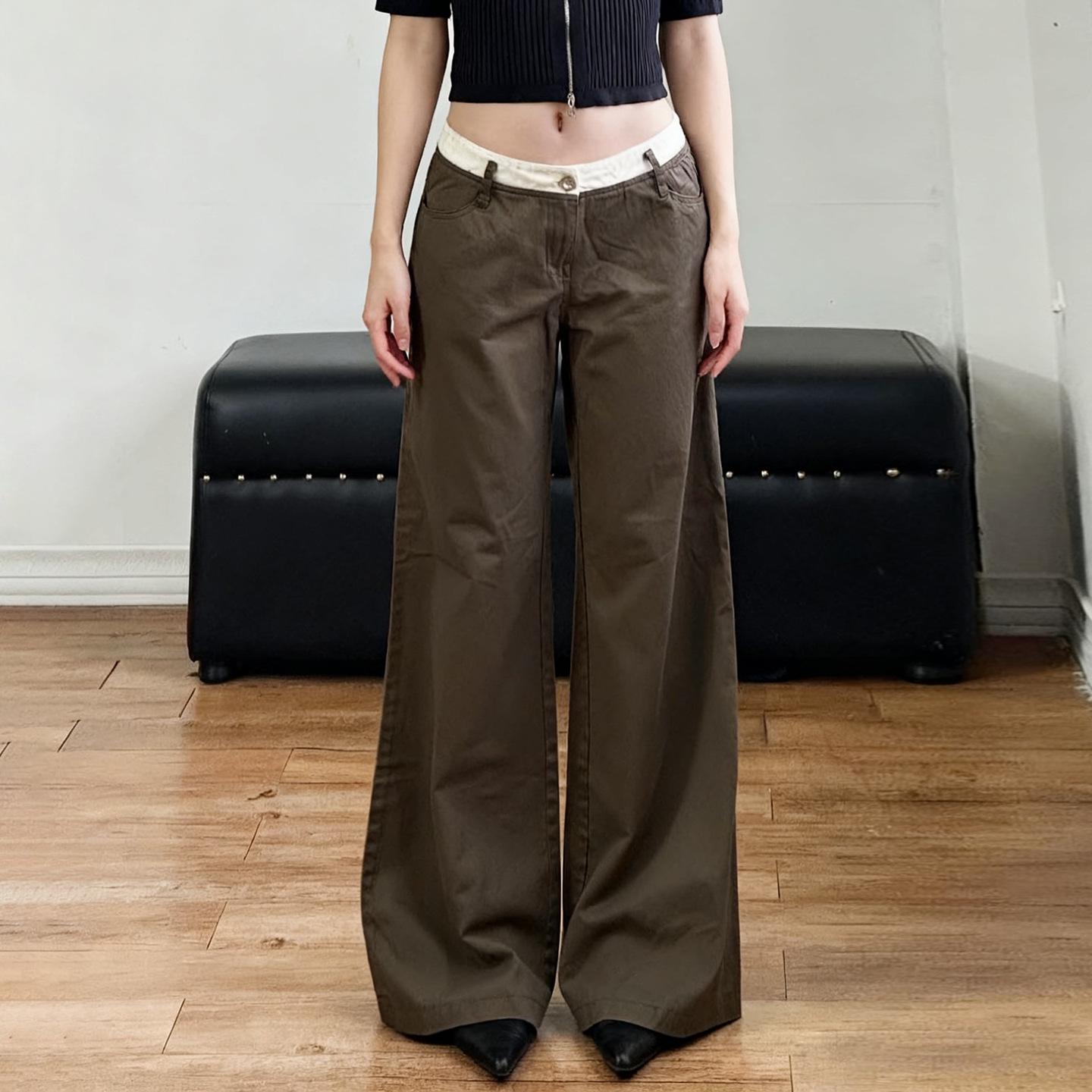 

Retro Color Block Patchwork Loose Streetwear Floor-Length Trousers Large коричневый