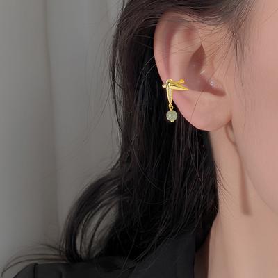 Ancient Bamboo Hetian Jasper Ear Clips Female  Version Leaf Element Design Delicate Light Luxury Zircon Bamboo Earrings Ear Free