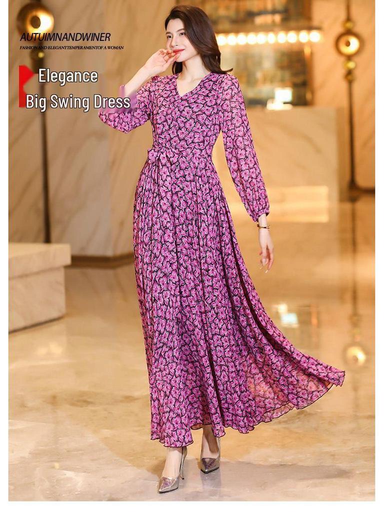 2025 Light Luxury Floral Slimming Long Dress for Women - Spring to Autumn