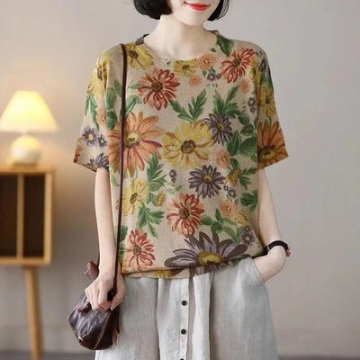 Harajuku Retro Floral Print T Shirt Women Summer Fashion Clothes Vintage Round Neck Half-sleeve Knit Sweaters Lady Loose Pullovers