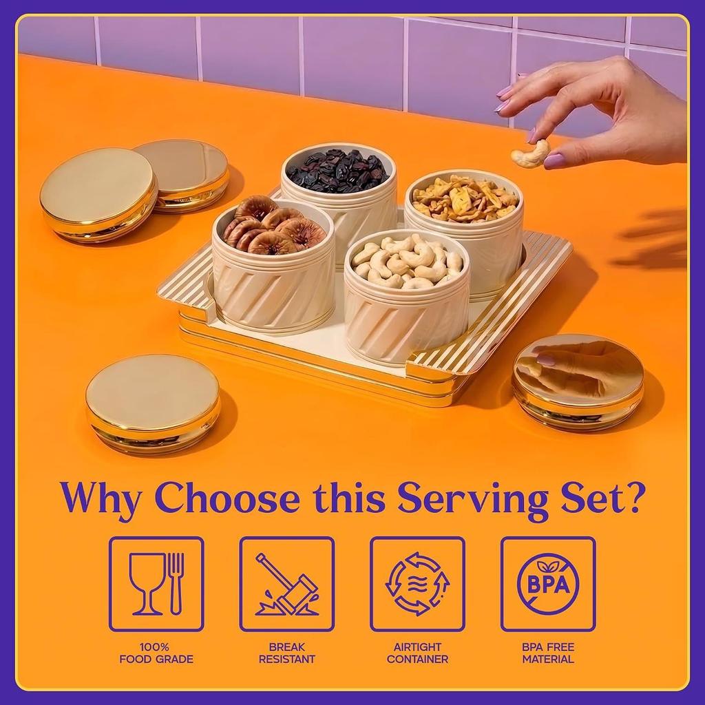 Dry Fruit Container Tray Set with Lid & Serving Tray, Airtight Container Set 430ml (4 Pieces, Polypropylene) (Elegance Ivory)