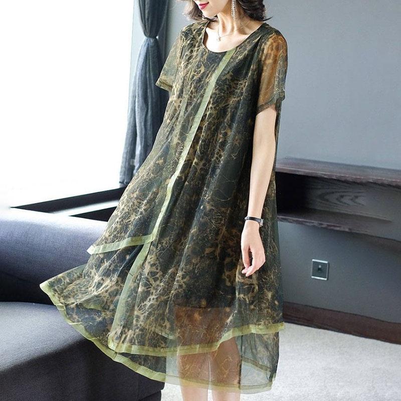 Vestido Mujer Verano Talla Grande Ancho Suelto Vintage Falso Dos Piezas Encaje Sedoso Suave Sencillo Diario Falda Larga