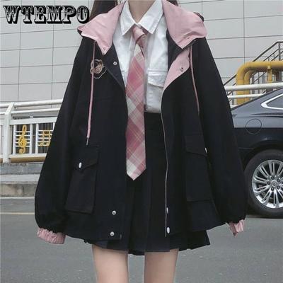 Giacca nera con cerniera Kawaii giapponese Donna Harajuku Autunno stile oversize Cute School Girls Capispalla rosa