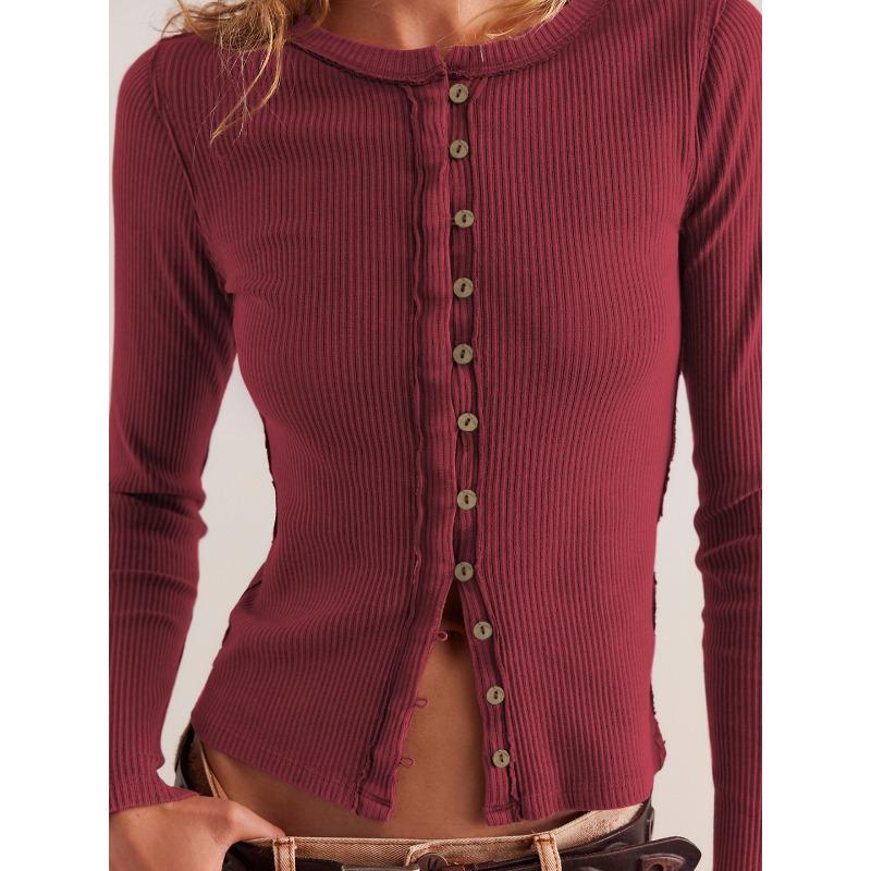 Fashion Hot Selling Women's Long Sleeve Round Neck Button Ribbed Solid Color Autumn and Winter Warm Cardigan Jacket for Women