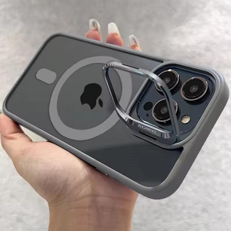 Metal Holder Phone Case For iPhone 17 16 15 14 13 12 11 Pro Max Plus Air For Magsafe Transparent Magnetic Lens Protection Cover