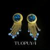 Temperament Copper Claw Tassel Earrings with Blue Gem Studs
