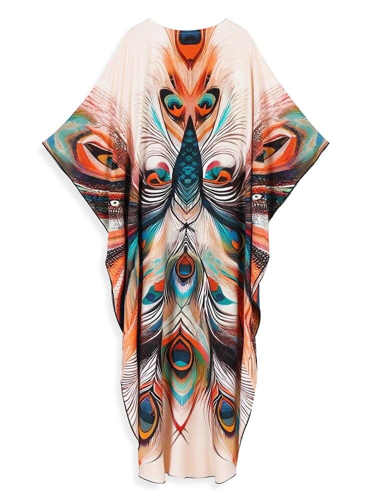 EDOLYNSA Boho Chic Tištěný Volný Kaftan 2024 Léto Dlouhé Šaty Dámské Plážové Oblečení Krytí Plavek Dovolená Ležérní Župan Q1638