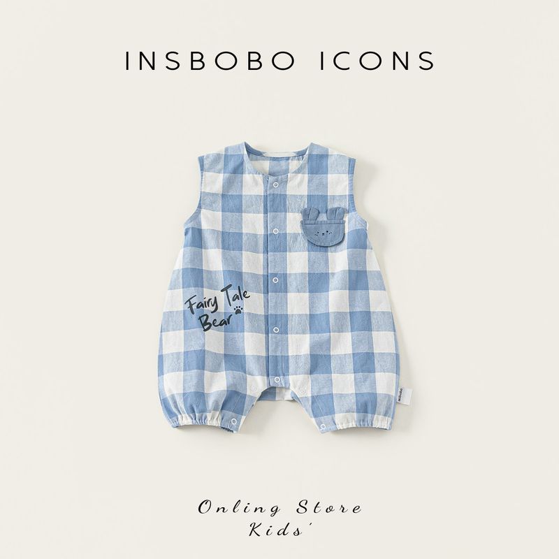 Insbobo Baby Clothes Summer 2026 New Style Boy Romper Baby Crawling Suit Infant Summer Outfit Cute and Thin Blue and White Checkered 66