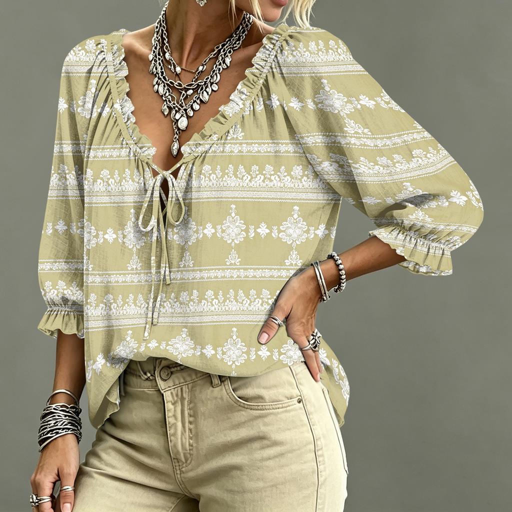 Women's Casual Printed V-Neck Ruffle Tie Blouse