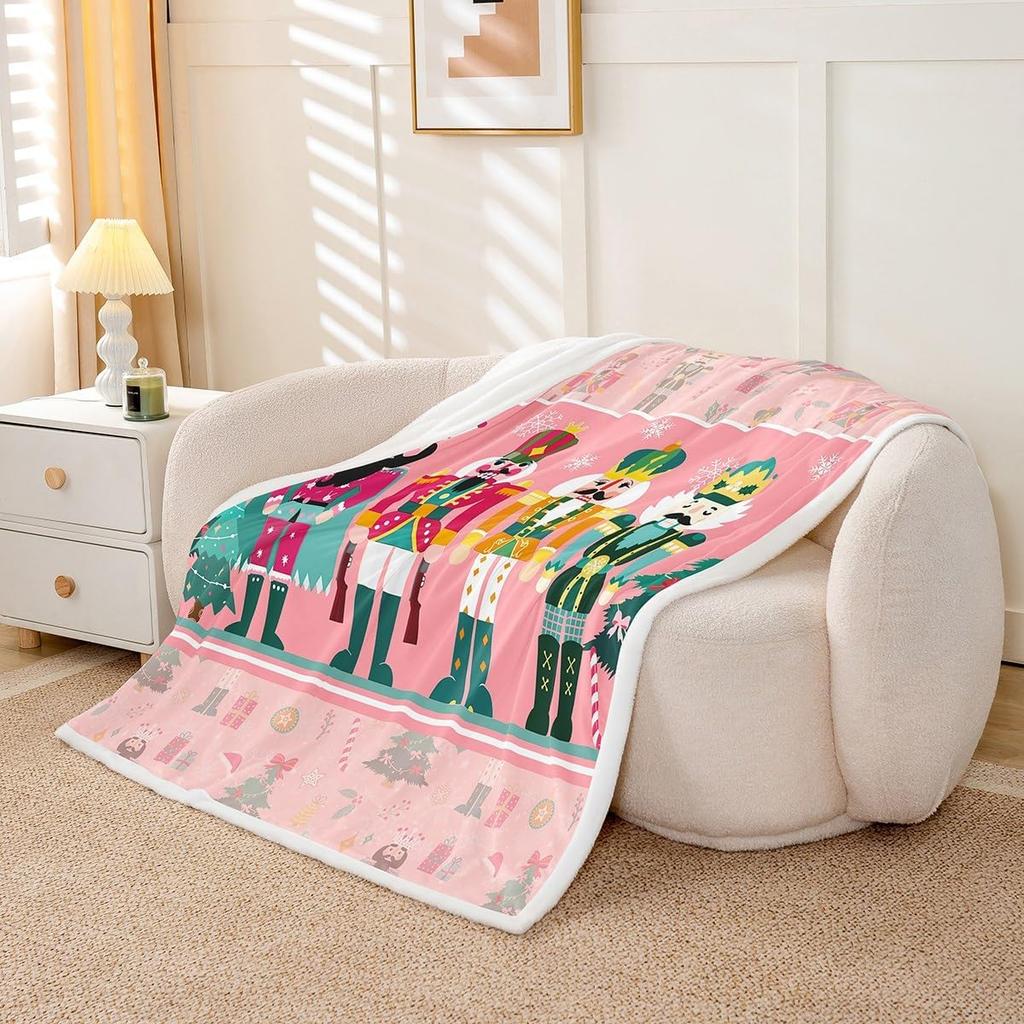 Pink Nutcracker Sherpa Throw Blanket for Couch Christmas Super Soft Cozy Fleece Xmas Cute Cartoon Blanket for Winter,Plush Throw