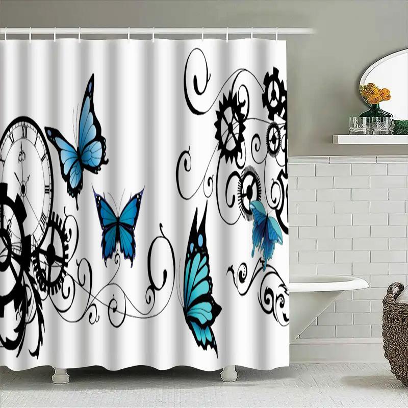 Blue Butterfly Gear Clock Shower Curtain Waterproof Decorative Home Bath Tub Rug
