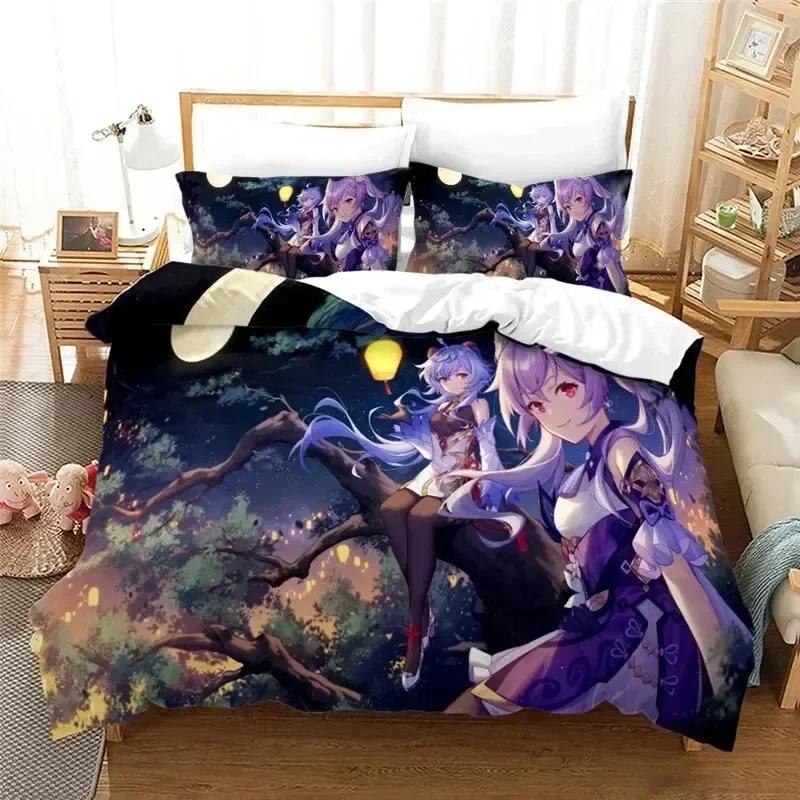 Anime Genshin Impact Paimon Bedding Set Duvet Cover Sheet Printed Bed Set Pillowcase Bed Full Queen King Size Comforter Bedroom