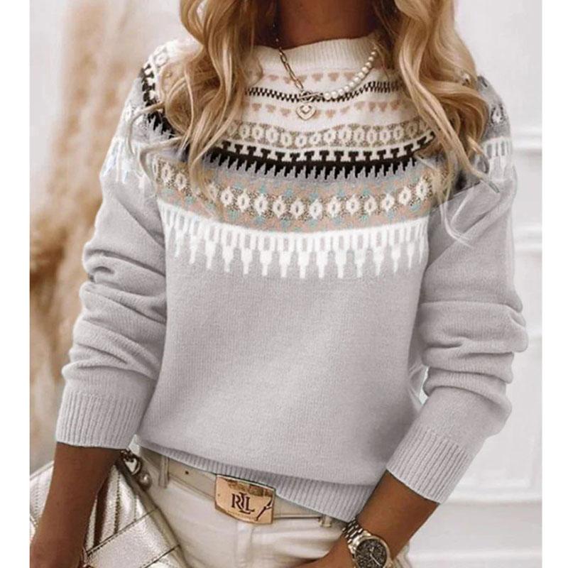 Geometric Print Sweater Women Acrylic Knit Pullover Color Block Fashion Top Loose Fit Round Neck Long Sleeve Casual Comfortable Wear