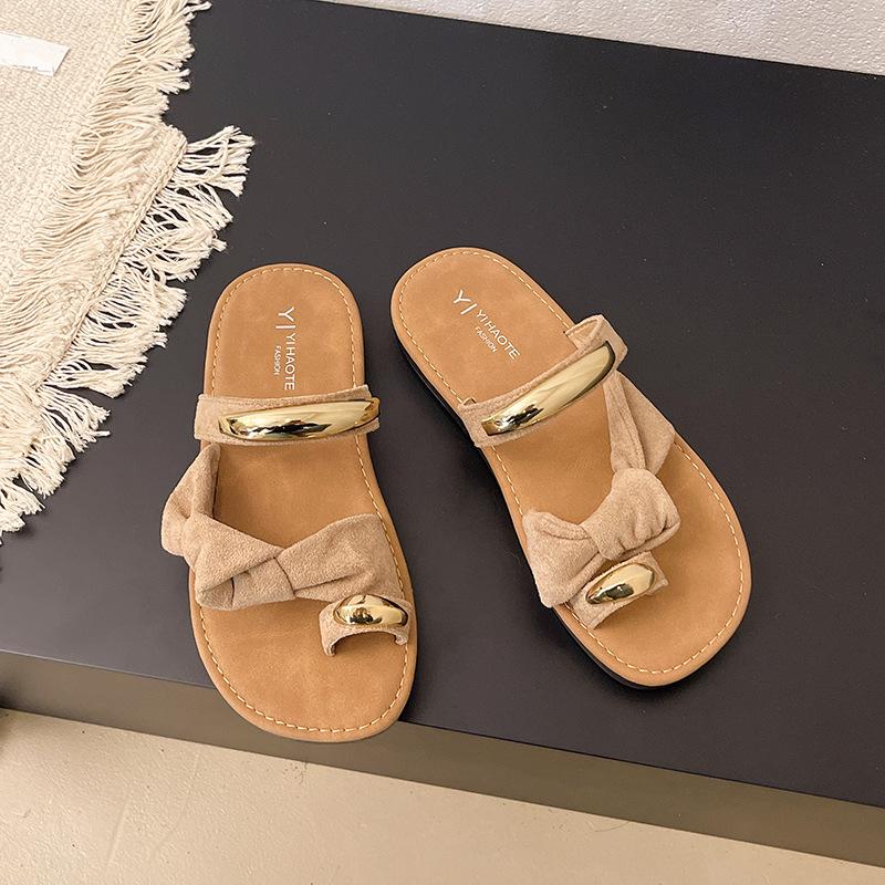 

Sense round head open-toed fashion sandals summer 2025 new flat-bottomed casual slippers pearl solid color toe slippers 36 хакі