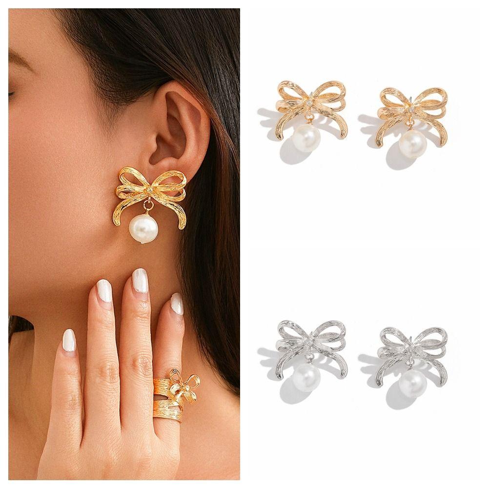 

Minimalist Pearl Bow Earrings Retro Knotted Earrings High Sense Bow Shape Bands Rings Party silver-Earrings
