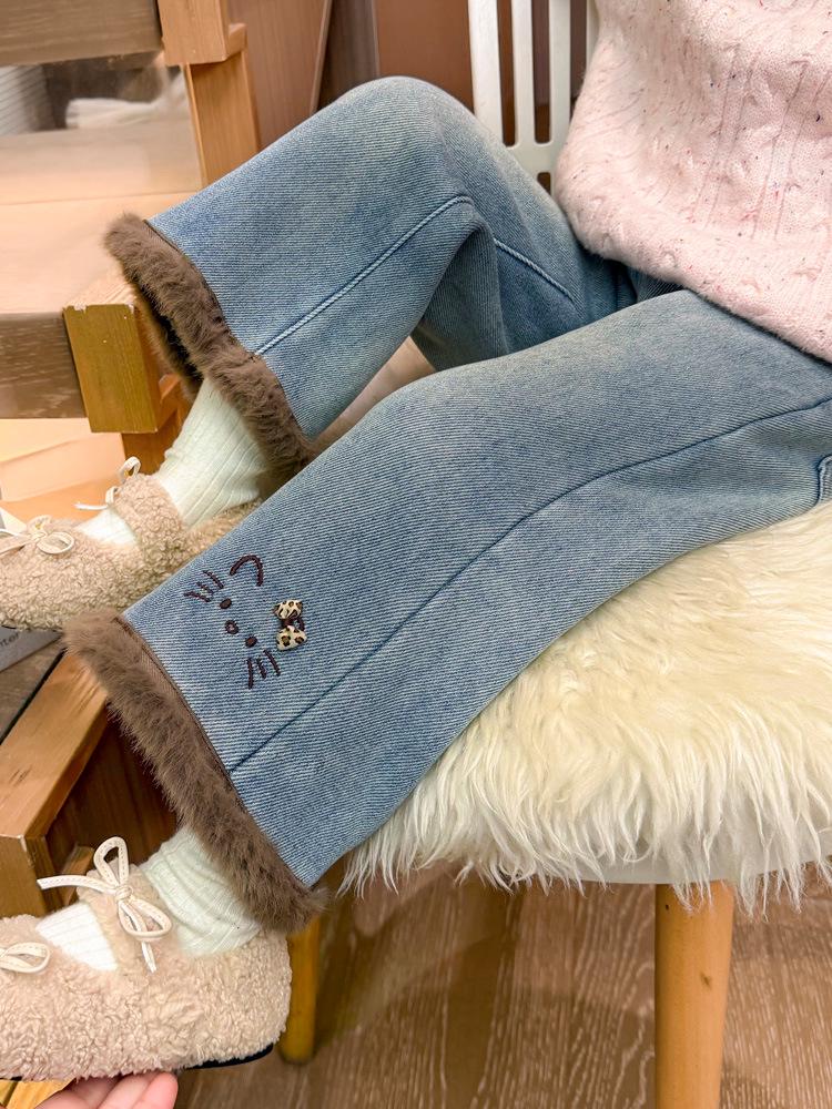 Flickors fleecefodrade kattbyxor: Vinter 2025 Raka Jeans