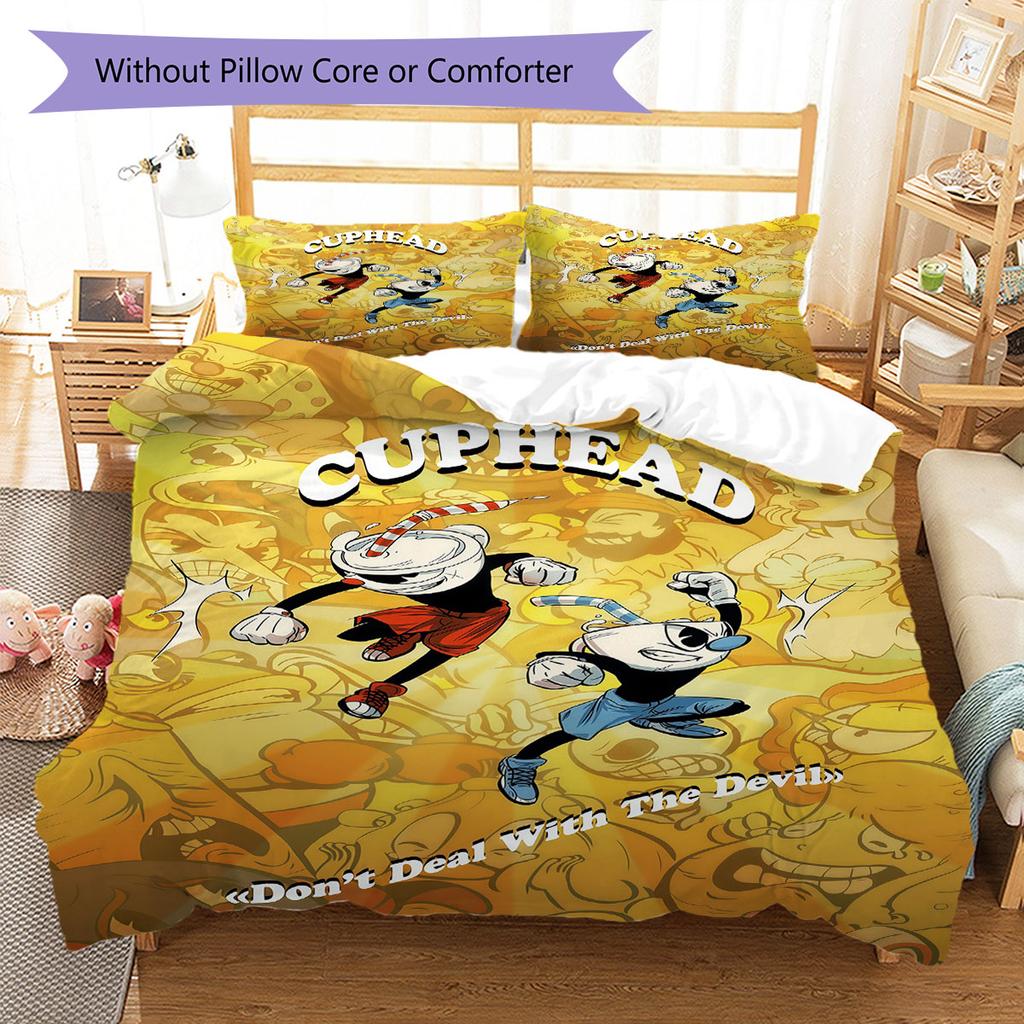 Cuphead Bettwäsche Steppbett Set Bettbezug Kissenbezug Heimdekoration Geburtstagsgeschenk (1 Bettbezug + 2 Kissenbezüge, ohne Füllung)