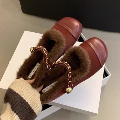 Fashion Fur Women Flats Cotton Slippers Chain Slingback Mules Shoes Casual Woman Trend New Cotton Shoes Cozy Brand Red Mujer Snow Botas