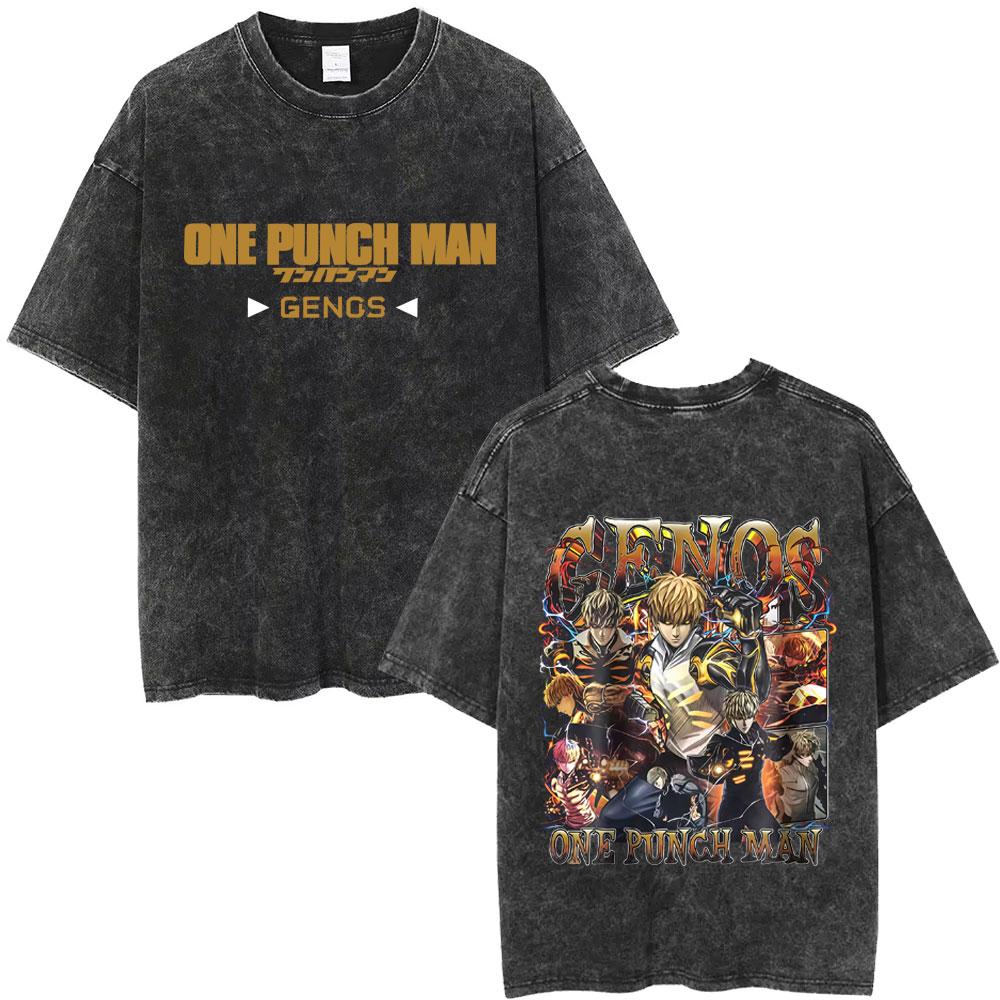 Gewaschenes Vintage Anime One Punch Man Saitama Saitamas Fitnessstudio Lustiges Meme Grafik T-Shirt Herren Damen Fitness Freizeit Übergroße T-Shirts