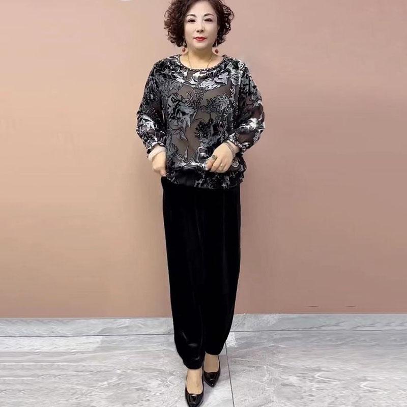 2PCS Pants Suts Spring Summer High-end Women's Printed Plus-Size Silk Blouse Velvet Pants Two-Piece Set Loose Flocked Velvet Blouse Velvet Pants Set